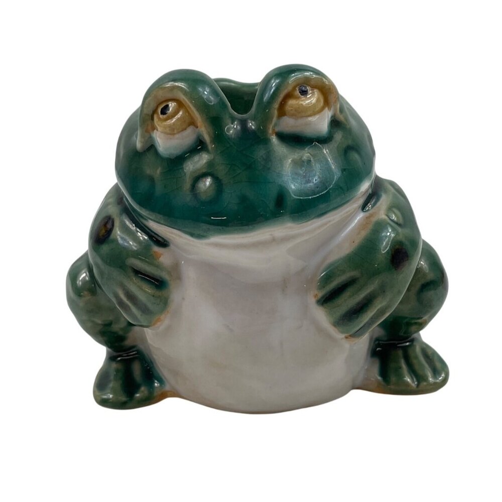 Vintage Ceramic Frog Votive Candle Holder Green & White